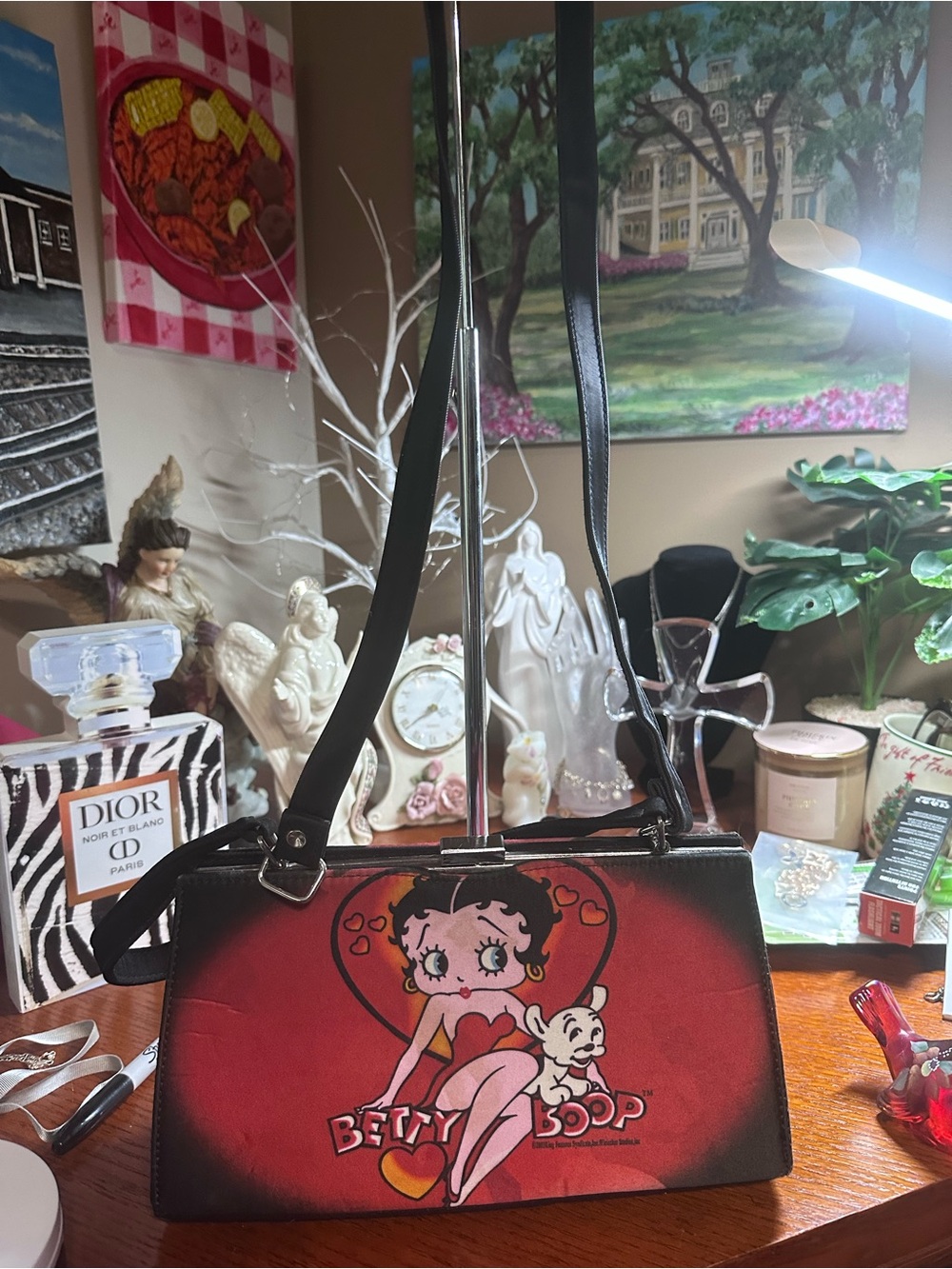 Vintage Betty Boop Black and Red Heart Crossbody Bag